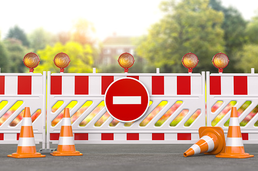 Under construction. Road barrier with trafic signs, cones and hard hat. Ecology and nature conservation concept. 3d illustration.