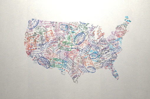 Map of USA from passport travel visa stamps. USA travel and tourism concept. 3d illustration