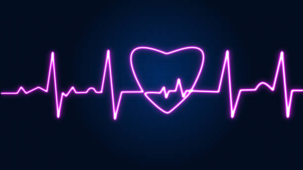 istock Bright purple neon heartbeat with love shaped isolated on grid background. Medical concept and ecg pulse line graph 1612418294