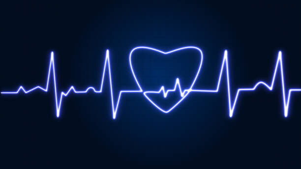 istock Bright blue neon heartbeat with love shaped isolated on blue grid background. Medical concept and ecg pulse line graph 1612418295