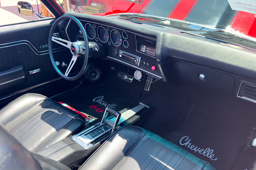 Little Elm, Texas - June 11, 2023: Red with black interior 1971 Chevelle at the annual car show.