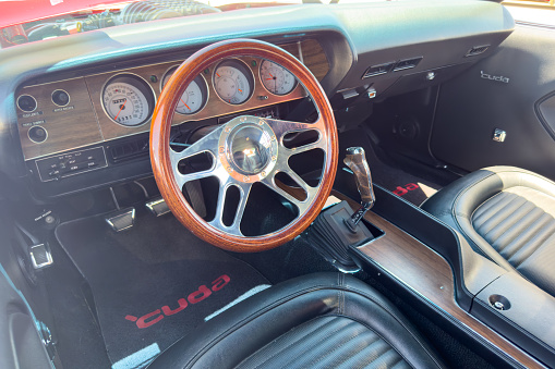 Little Elm, Texas - June 11, 2023: High perspective detail interior view of a 1970 Plymouth Hemi Cuda Hardtop Coupe at local car show.