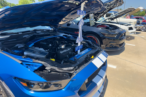 Little Elm, Texas - June 11, 2023: Ford Mustang GT500 Shelby engine details at car exibition.