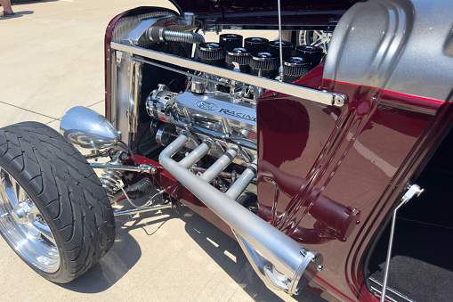 Little Elm, Texas - June 11, 2023: Classic 1932 Ford Roadster parked at car exhibition.