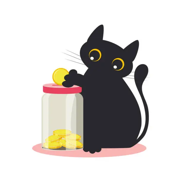 Vector illustration of Donate and support. Piggy bank and black cute cat. Glass jar with gold coins isolated on white background. Vector.