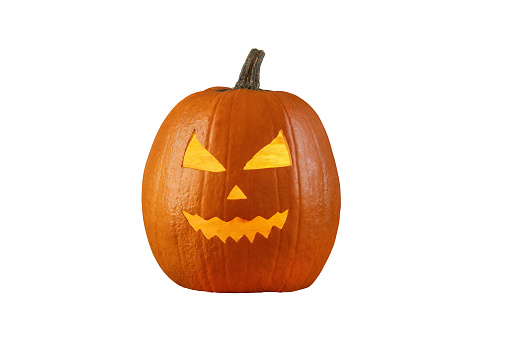 Jack O Lantern halloween pumpkin head isolated on white background. Halloween holiday pumpkin for design.