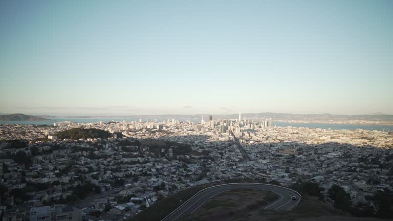 gimbal pan shot of San Francisco from Twin Peaks in sunset