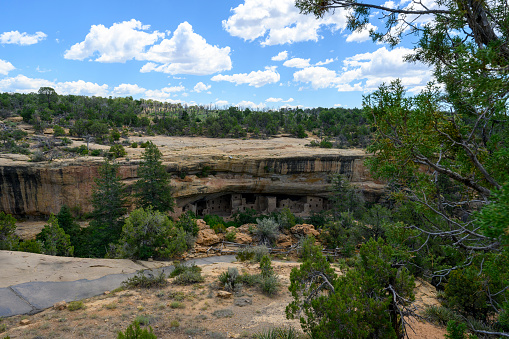 Photograph taken in Mesa Verde National Park of the ancient cliff dwellings and ruins