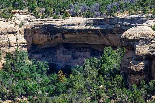 Photograph taken in Mesa Verde National Park of the ancient cliff dwellings and ruins