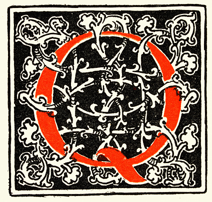 Vintage illustration of Ornate Capital letter Q, Illuminated MNedieval style letter