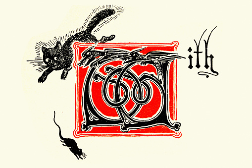 Vintage illustration of Black car chasing rat, Dragon Capital Letter W