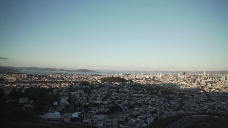 gimbal pan shot of San Francisco from Twin Peaks in sunset