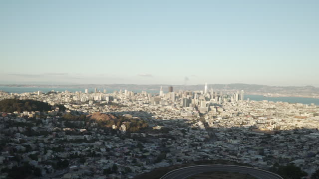 gimbal pan shot of San Francisco from Twin Peaks in sunset