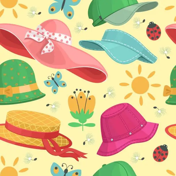 Vector illustration of Hats and headgears seamless pattern. Cartoon summer wide brimmed panama. Caps and bowlers with ribbons. Straw boater. Flowers and butterflies. Beach headwear. Splendid vector background