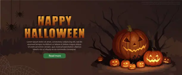 Vector illustration of Halloween header with carved pumpkins in scary forest