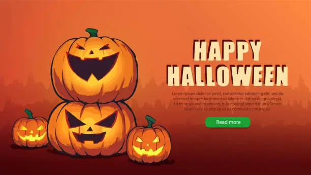 Vector illustration of Widescreen wallpaper with carved Halloween pumpkins