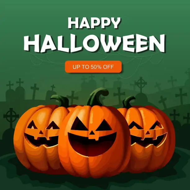 Vector illustration of Green banner with cartoon Halloween pumpkins on graveyard.