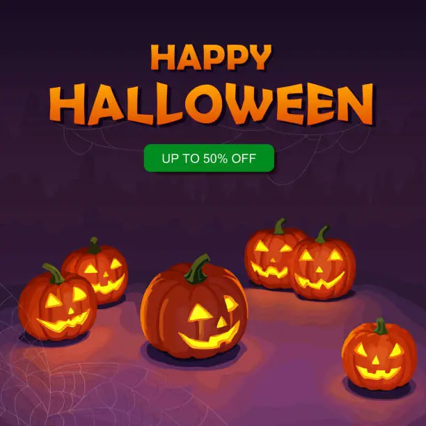 Vector illustration of Square Halloween wallpaper with cute glowing Jack o lantern