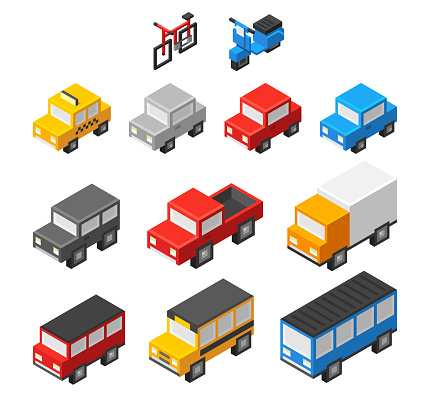 Set of cute 3d isometric cartoon cars: personal urban vehicles, public and commercial transport. Simple cubic design, vector illustration.