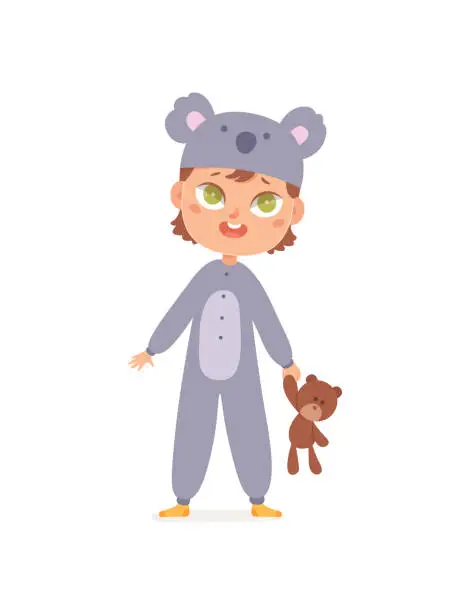 Vector illustration of Cute little child in koala suit, funny girl in kigurumi overalls standing on pajama party