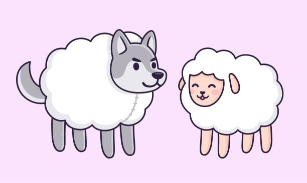 Cartoon Wolf in sheep's clothing Wolf in sheep's clothing. Cute cartoon lamb and wolf wearing sheep costume. Funny vector clip art illustration. wolf in sheeps clothing stock illustrations