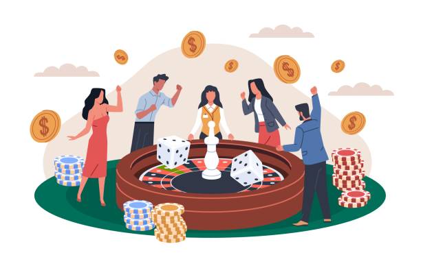 ilustrações de stock, clip art, desenhos animados e ícones de happy roulette winners. casino visitors, fortune favorites, people betting, gamblers play, cash winnings, jackpot, golden coins and chips, two dice, nowaday vector cartoon flat isolated concept - gamblers