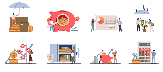 Financial management. Budget planning and financial literacy, people save, count and invest money, costs calculation, profit analysis, business concept, nowaday vector cartoon flat style isolated set