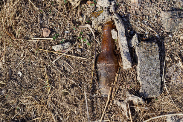 istock Old beer bottle thrown in field. 1612526331