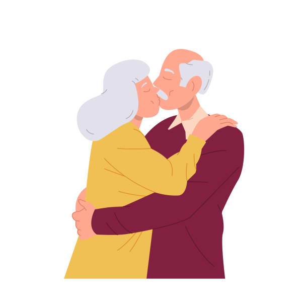 старая старшая любящая семейная пара целуется и обнимается, стоя вместе, изолированная на белом фоне - senior couple isolated white background standing stock illustrations