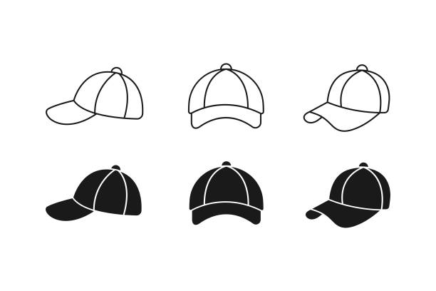 ilustraciones, imágenes clip art, dibujos animados e iconos de stock de diseño vectorial del icono de la gorra de béisbol. - baseball cap hat multiple image color image