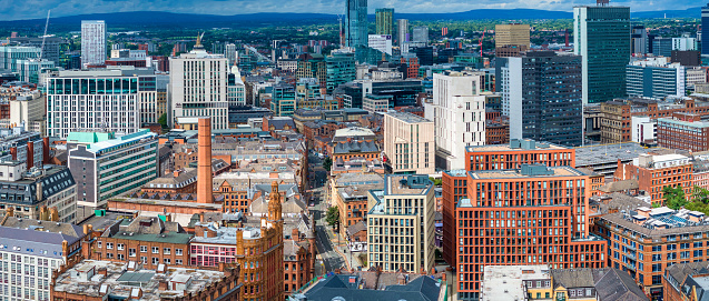 Aerial view of Manchester downtown and skyline development, photographed abbe oxford Road.