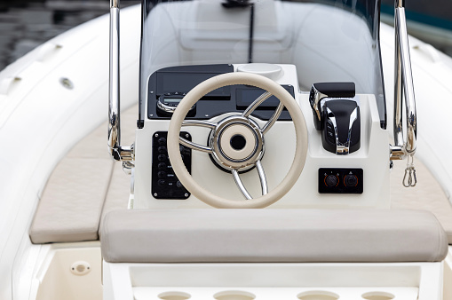 Dashboard and steering wheel of modern inflatable motorboat, background with copy space, full frame horizontal composition