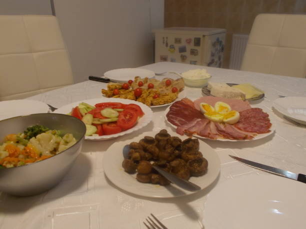 istock Mushrooms, salad and eggs with salami and chicken 1612617507
