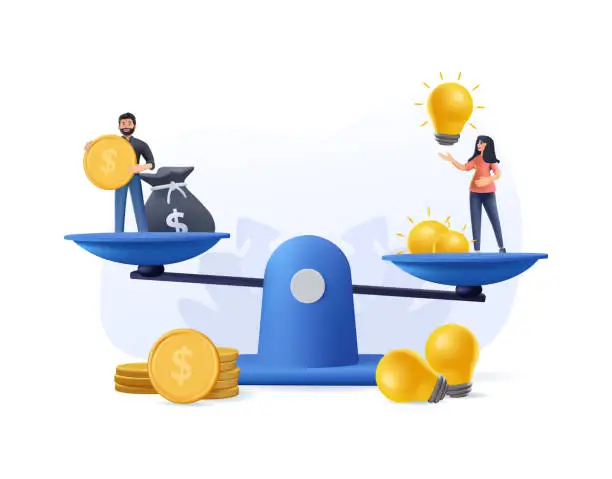 Vector illustration of 3D finance idea investment concept. People invest in startup. Man and woman balancing on scales with sack of coins