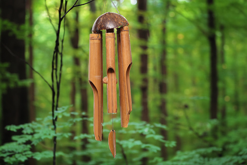 Bamboo wind chime isolated on a green background.