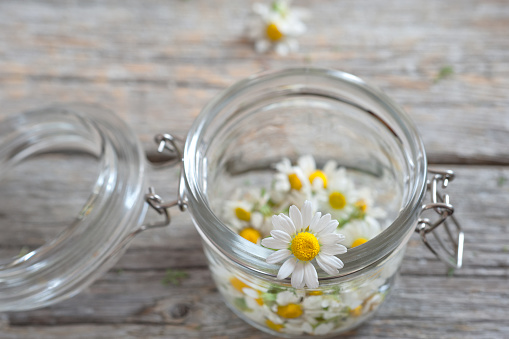 Chamomile flowers in a glass jar on a wooden background.Homeopathy or natural medicine concept