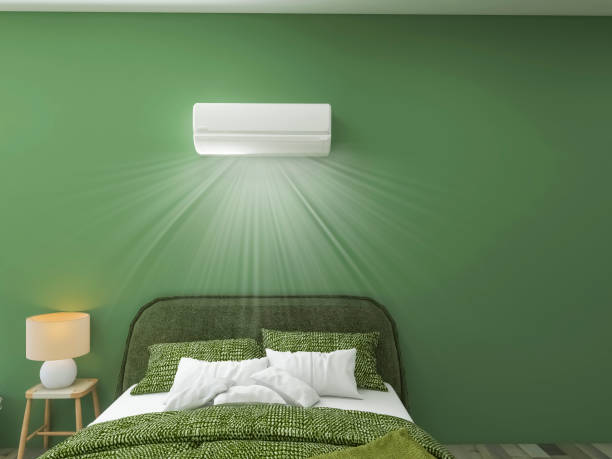 istock Air-conditioned bedroom design, 3d render, 3d illustration 1612668819