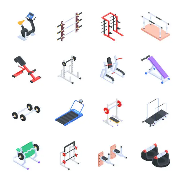 Vector illustration of Modern Collection of Gym Tools Isometric Icons