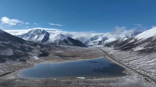 Aerial footage of beautiful snow mountains and lake in Tibet,China