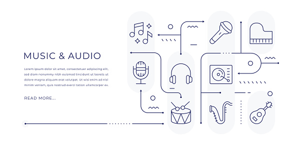 Music And Audio Editable Web Banner Design with Modern Line Icons