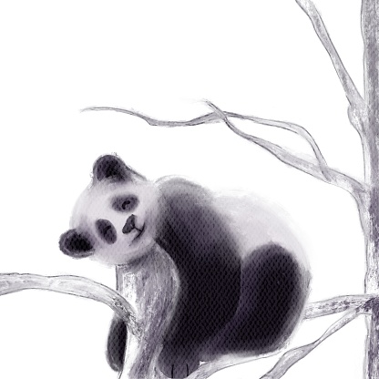 Sleeping panda on a tree is drawn in digital watercolor