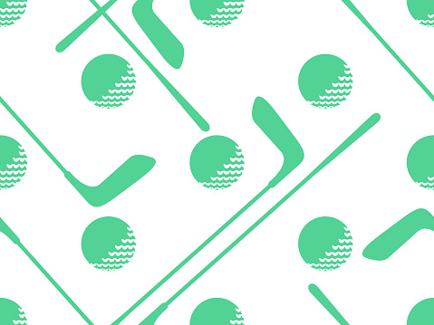 Seamless pattern with golf clubs and green balls on a white background. Golf club and golf ball in minimalist style. Design of typography, banner and poster, advertising product. Vector illustration