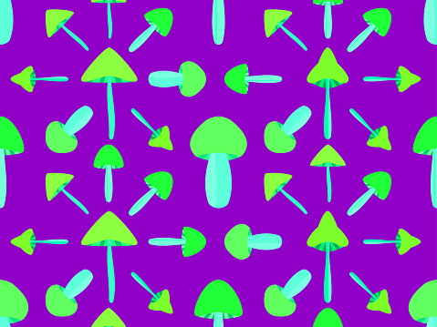 Seamless pattern with green bioluminescent mushrooms. Hallucinogen and psychedelic mushrooms. Fluorescent luminous mushrooms on a long stem. Design for banner and wallpaper. Vector illustration