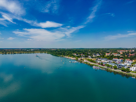 Markkleeberger See near Leipzig, Markkleeberg. Leipzig district, Saxony, Germany, aerial view from drone. Landscape photography of beautiful nature, german lake.