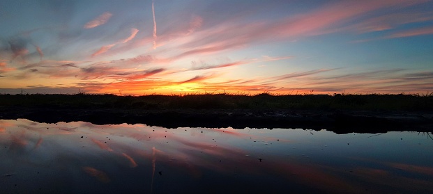 Panoramic view of a colorful sunset reflected in calm water.