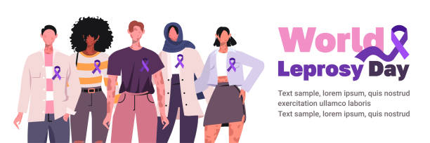 ilustrações de stock, clip art, desenhos animados e ícones de people stand with a purple ribbons - female with group of males people group of people women