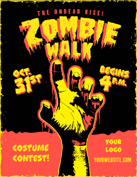 illustrazioni stock, clip art, cartoni animati e icone di tendenza di modello retrò e colorato per poster pubblicitario zombie walk con mano, volantino, volantino, banner zombie - horror monster spooky movie