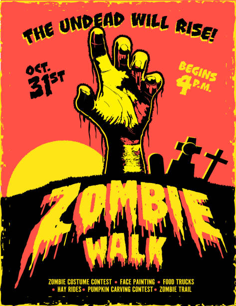 illustrazioni stock, clip art, cartoni animati e icone di tendenza di modello retrò e colorato per poster pubblicitario zombie walk con mano, volantino, volantino, banner zombie - horror monster spooky movie