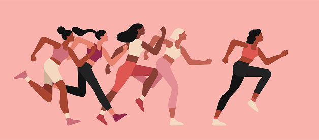 Pink Woman Group Participating in Breast Cancer Running for Supporting Awareness Campaign and Charity Event, Healthcare Concept, Vector Flat Illustration Design