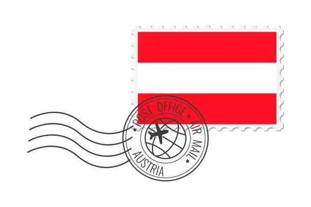 Vector illustration of Austria postage stamp. Postcard vector illustration with Austrian national flag isolated on white background.